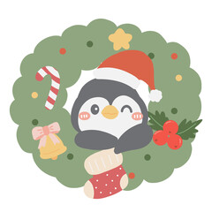 Cute cartoon happy penguin with Christmas wreath illustration for kids book