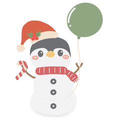 Cute cartoon penguin snowman with santa hat and balloons for merry Christmas illustration 
