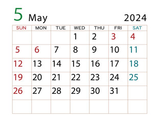 2024年カレンダー　5月	