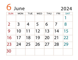 2024年カレンダー　6月