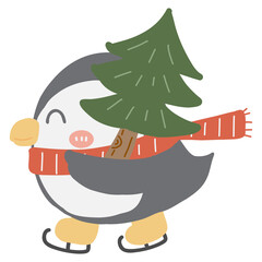 Cute cartoon Penguin with a Christmas tree happy new year animal illustration for kids book
