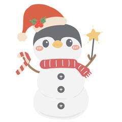 Cute cartoon Penguin snowman with a scarf happy Christmas new year animal illustration for kids book