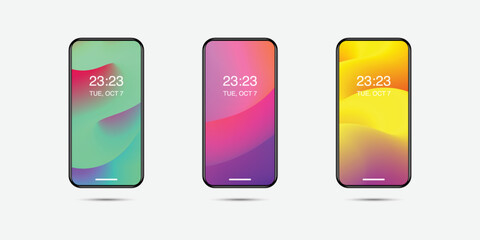 set of realistic mobile phone. mobile screen wallpapers. abstract colorful gradient screensavers