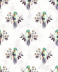 tropical flowers orchid and parrots, watercolour botanical illustration. Seamless patterns. Love birds hand painted seamless pattern
