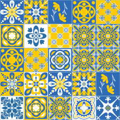 Blue yellow seamless pattern, spanish portuguese tiles illustration