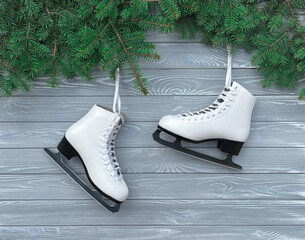 Winter flatlay with white skates for figure skating, fir branches with Christmas balls. Winter...