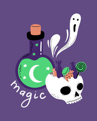 Funny cartoon broken skull with sweets, magic potion bottle and flying ghosts. Hand Drawn Halloween card design.