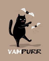 Funny cartoon black cat vampire and bat cat. Hand Drawn Halloween card design. Vampurr lettering