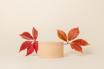 Minimal podium with red autumn leaves, aesthetic background for product presentation