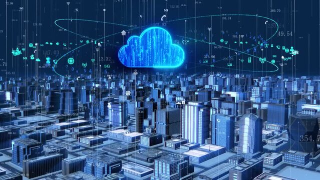 Smart city covered by cloud computing network.