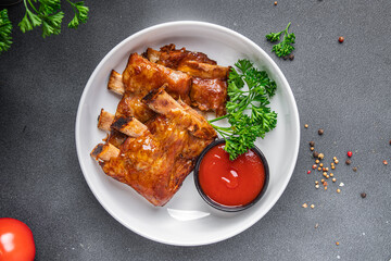 ribs grill pork barbecue fried meal food snack on the table copy space food background 