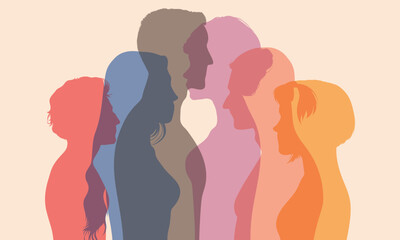 Various ethnicities. Multi-ethnic people in a large group of people. People talking among themselves. Coloured flat character profiles. Many people talking to each other.