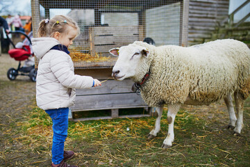 Adorable little girl playing with goats and sheep at farm