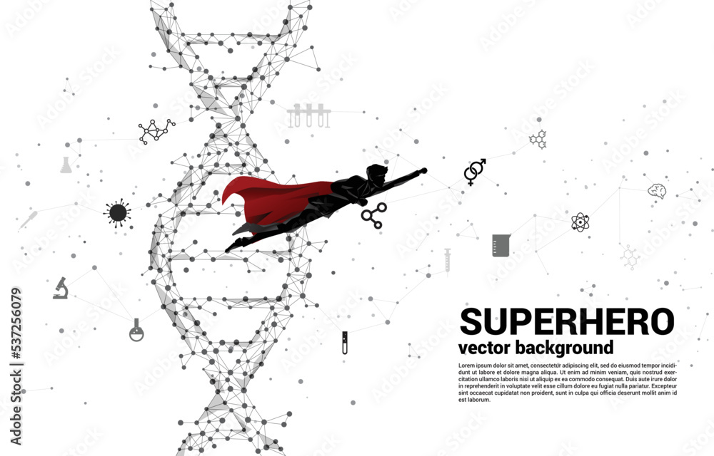 Poster silhouette of businessman in superhero flying with dna genetic structure from dot connect line polyg