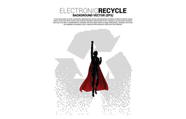 Silhouette of man in superhero suit flying with Recycle icon from pixel. background for take care and save the environment.