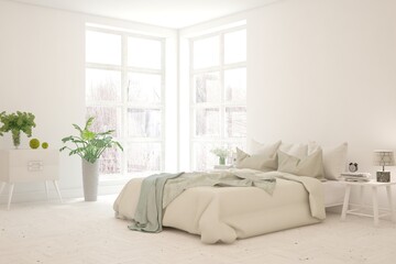 White bedroom interior. Scandinavian design. 3D illustration