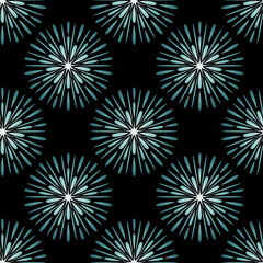 Salute holiday fireworks, black event design for textile and packaging, vector background seamless pattern
