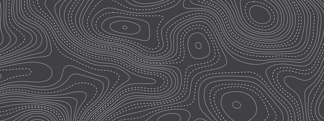 Black and white wavy abstract topographic map contour, lines Pattern background. Topographic map and landscape terrain texture grid. Wavy banner and color geometric form. Vector illustration.