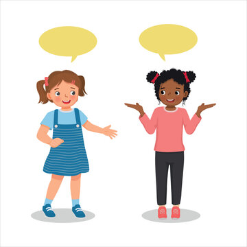 happy two cute kids little girls talking each other with speech bubble	
