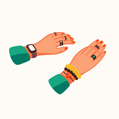 girls hands with bracelets and rings, vector flat illustration. young girl with typing and making content for a blog or vlog