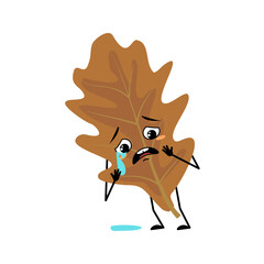 Oak leaf character with crying and tears emotion, sad face, depressive eyes, arms and legs. Forest plant in autumn brown colour. Vector flat illustration