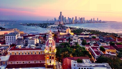 Aerial sunset of old and new city in Cartagena, Colombia