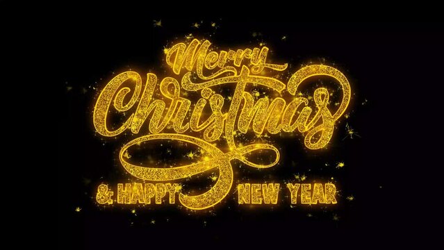 Merry Christmas 2023 2024 Happy New Year typography text Reveal from Golden on Glitter Shiny Magic Particles Sparks. For Greeting Card, Celebration, Wishes, Events, Message, holiday, festival concept