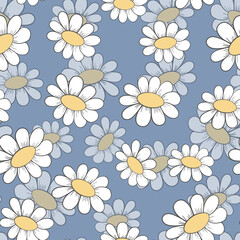 Seamless floral pattern based on traditional folk art ornaments. Colorful chamomile, daisy flowers on color background. Doodle style. Vector illustration. Simple minimalistic pattern