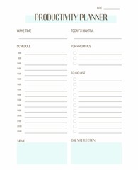 productivity planner template. Simple printable to do list. Business organizer page. Paper sheet.