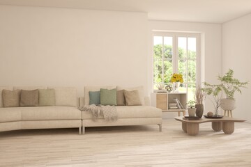 White living room with sofa and summer landscape in window. Scandinavian interior design. 3D illustration