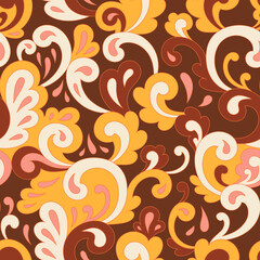 Retro psychedelic hippie design for package, branding, textile, stationery, wraping paper, gift cards, any surface. Abstract vintage fashion print. Old style groovy 60s 70s vector seamless pattern.