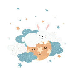 Obraz premium Cute little hare sleeping on a planet in the middle of the night sky. Children's illustration for posters, fabric prints and children's cards on white background. Vector