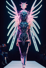 Beautiful cyberpunk cyborg with blue with glowing neon and lights on a fashion show, parade catwalk. Photo realistic, concept art, background, illustration