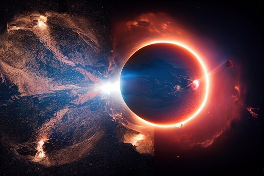 A solar eclipse happening in space, solar flares, cinematic light, epic light, nebula in the background, outer space, deep space. Photo realistic, concept art, background, illustration