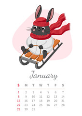 January 2023 calendar vertical page. Chinese black water rabbit, symbol of year. Cute bunny sledding down the hill. A4 wall calendar design. Vector illustration.