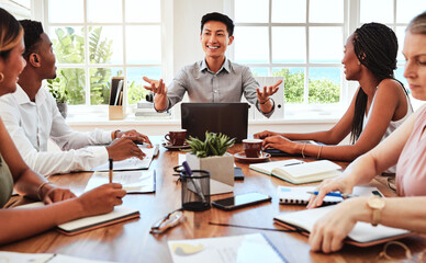 Project management, planning and strategy with business people in meeting for marketing, collaboration and consulting on idea. Innovation, goals and asian leadership with businessman in office