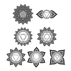 Black and white decorative chakras symbols icons set.