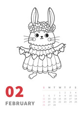February 2023 calendar vertical page. Bunny girl with heart garland. Outline cartoon character, coloring book template for children activity. Chinese rabbit, traditional symbol of year.