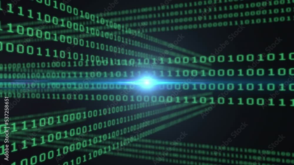 Poster animation of light moving over green binary code in black space