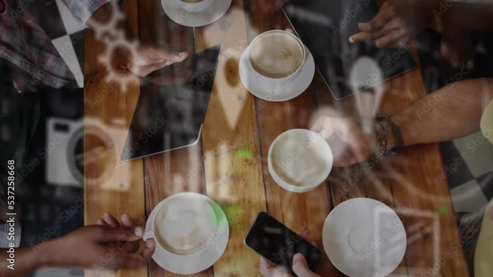 Poster animation of tech icons over hands of diverse coworkers using tech devices