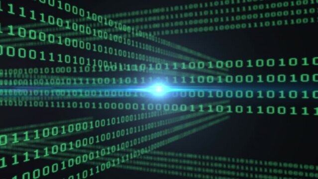 Animation of light moving over green binary code in black space