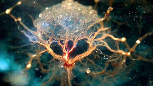 Animation macro close up of a neuron showing the quantum dna ethereal connections to the divine.