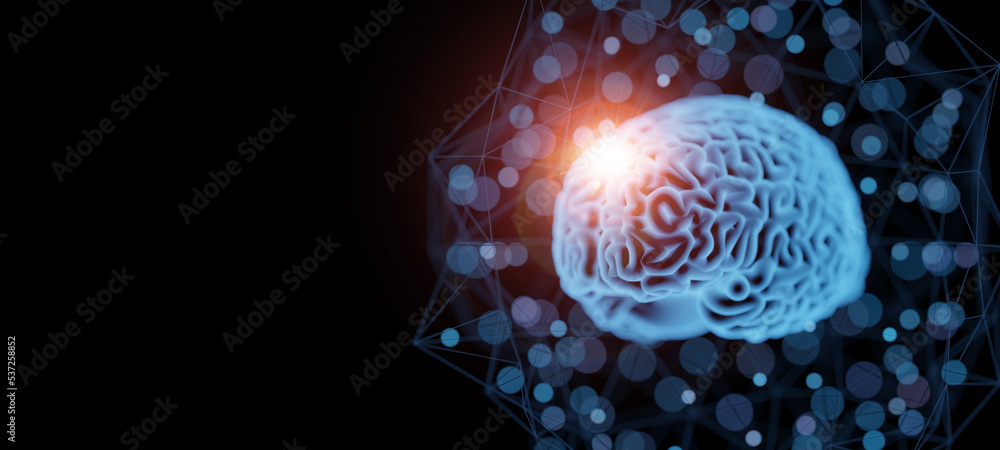 Poster 3d rendering of hologram human brain inside abstract computer circuit system. concept for artificial