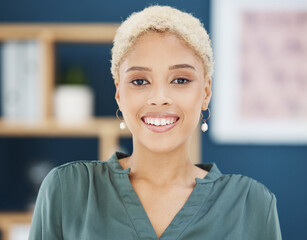 Happy, smile and young black business woman, entrepreneur and employee in modern office of New York. Portrait face of creative startup manager working motivation, vision and trust in marketing agency