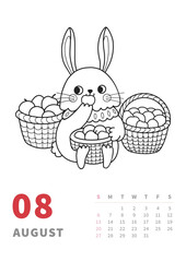 August 2023 calendar vertical page. Bunny eating apple. Outline cartoon character, coloring book template for children activity. Chinese rabbit, traditional symbol of year.