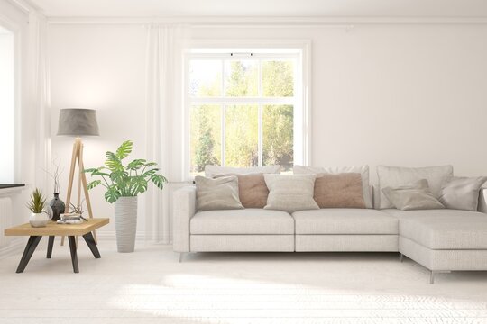 Inteior concept  in white color with sofa and autumn landscape in window. Scandinavian interior design. 3D illustration