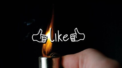 Animation of like text over hand holding lighter on black background - Powered by Adobe