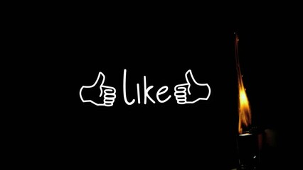 Animation of like text over hand holding lighter on black background - Powered by Adobe