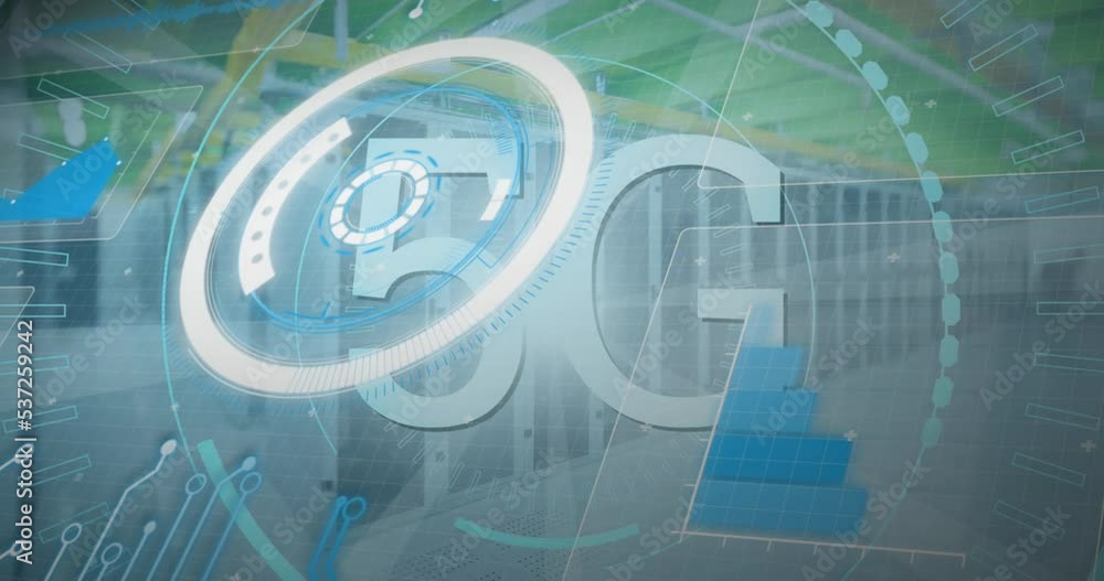 Poster animation of scope scanning with 5g text over server room