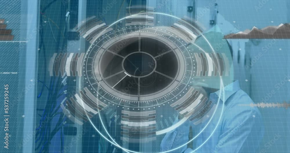 Poster animation of scope scanning with 5g text over caucasian man in server room